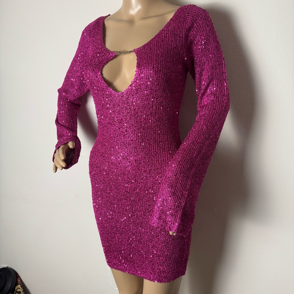 Fashion Nova Fuchsia Sequin Keyhole Mini Dress